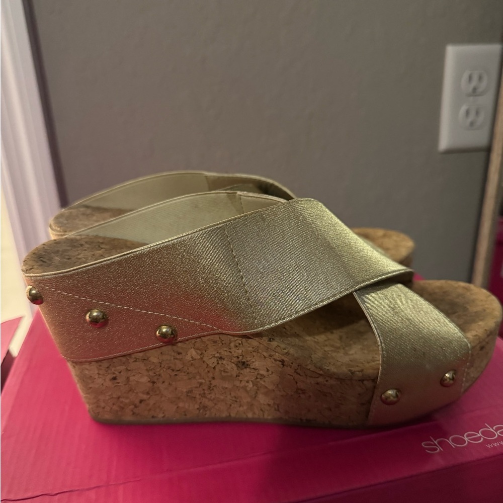 Gold slip on heels wedge